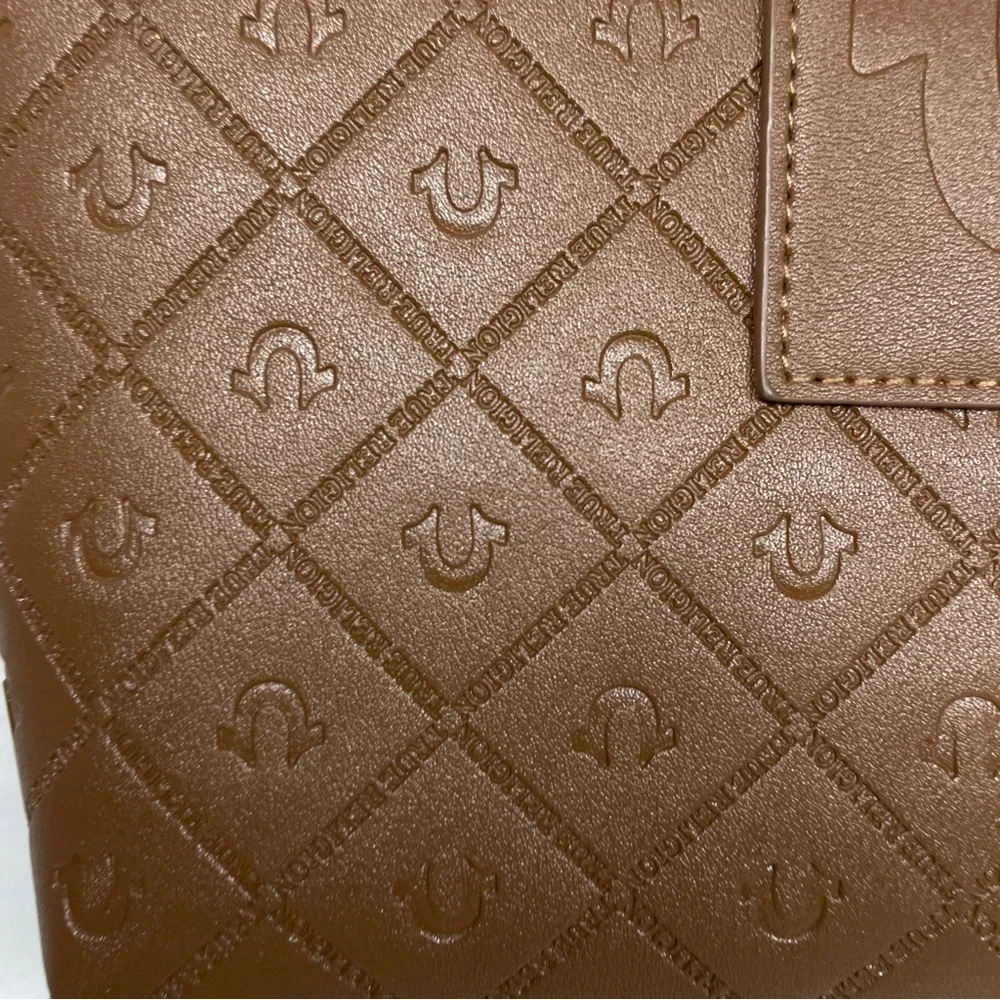 True Religion Cognac Brown Embossed Horseshoe Monogram Cosmetic Makeup Bag Pouch